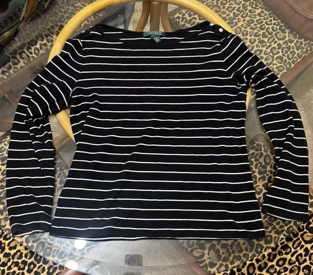 Lauren Ralph Lauren Striped Button-Shoulder Long Sleeve Top Size L PREPPY